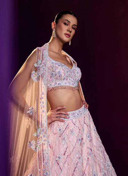 Pink Net Lehenga Set