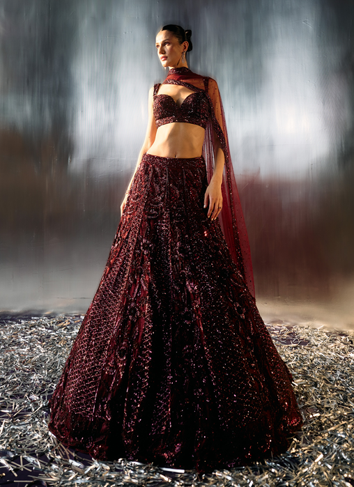 Deep Wine Net Lehenga Set