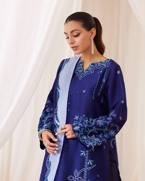 Nada Ink Blue Embroidered Shirt And Dupatta