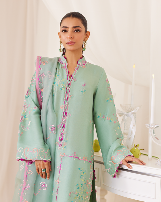 Petra Fern Green Embroidered Shirt And Dupatta