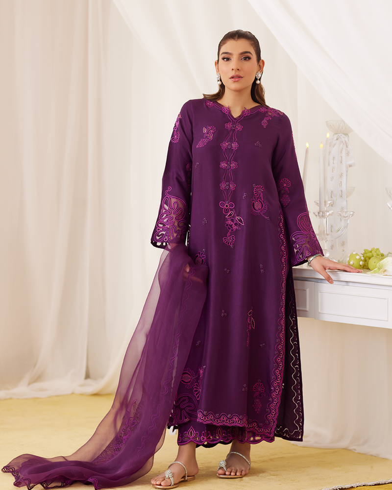 Picture of Teo Eggplant Embroidered Shirt And Dupatta
