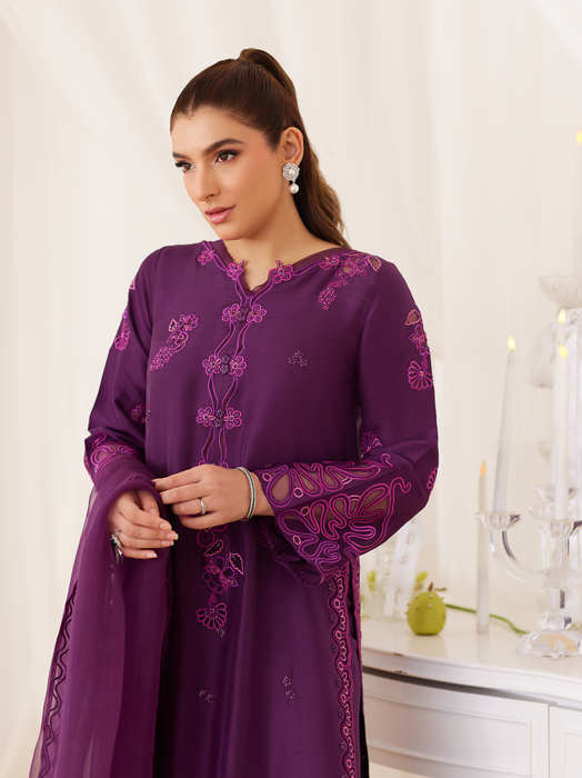 Teo Eggplant Embroidered Shirt And Dupatta