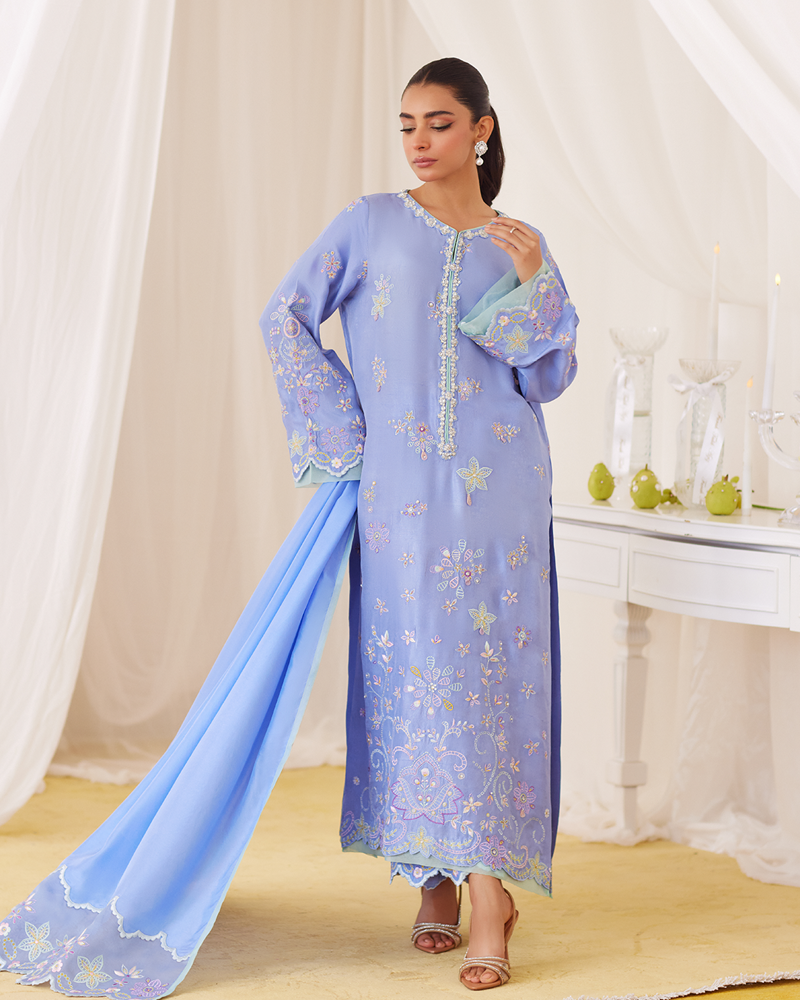 Picture of Leesha Periwinkle Blue Raw Silk Shirt And Dupatta