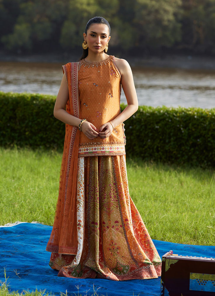 Picture of Sitar Saffron Shirt, Dupatta and Lehenga